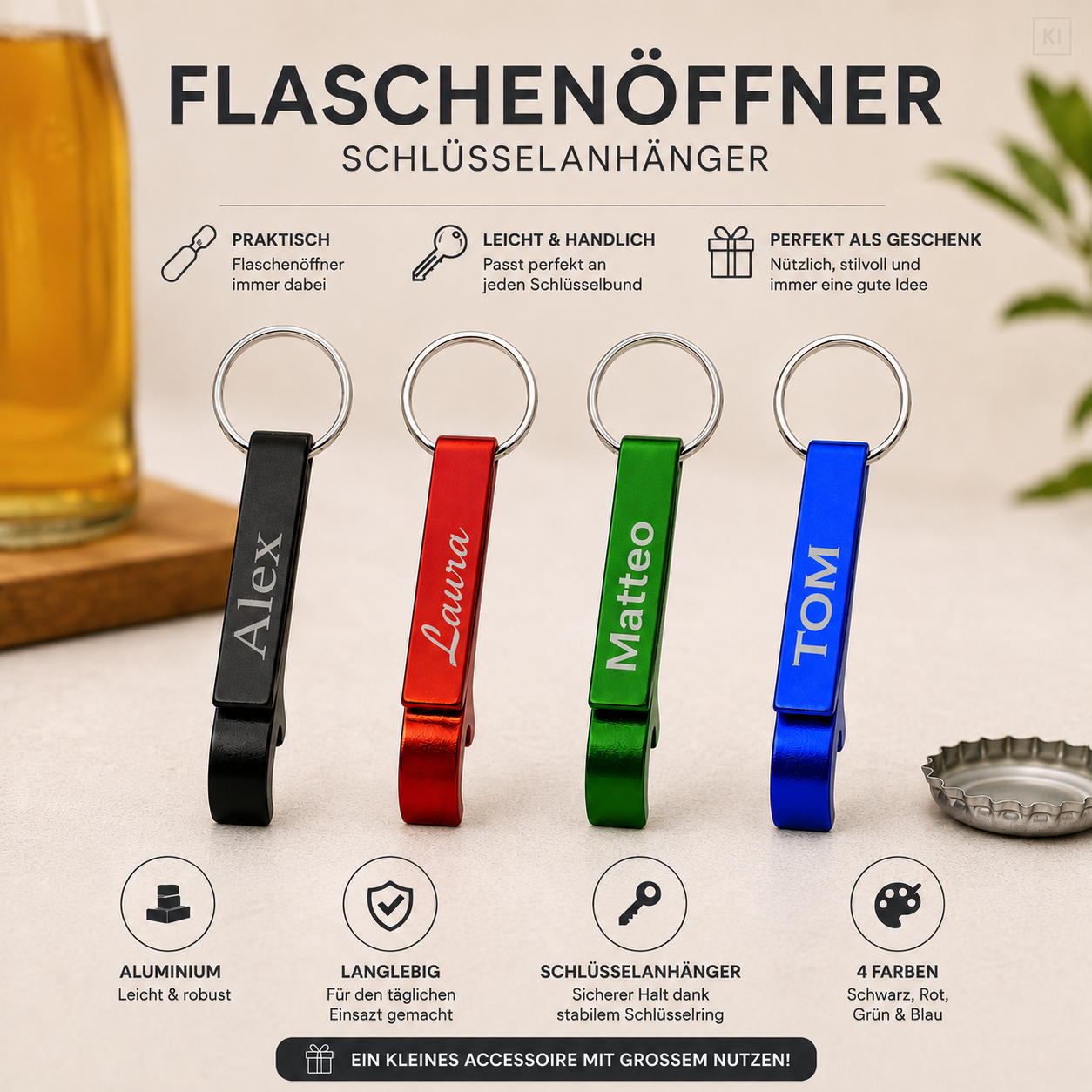 🔑 Personalisierter Aluminium-Schlüsselanhänger mit Flaschenöffner