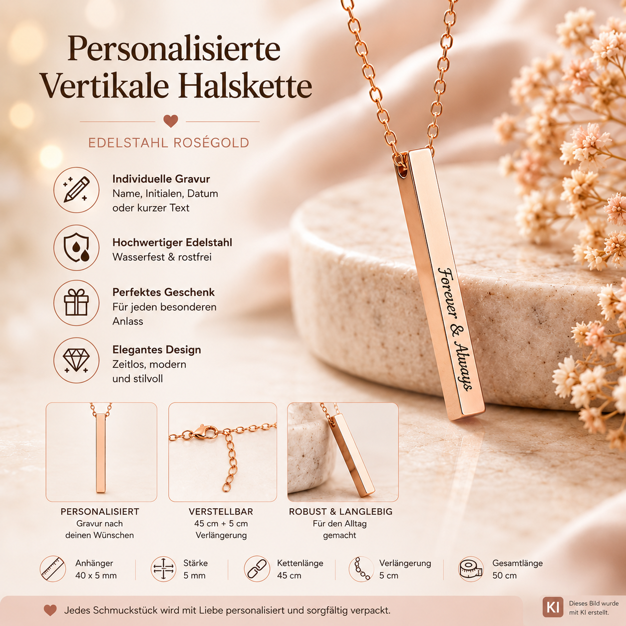 Personalisierte Vertikale Halskette aus Edelstahl