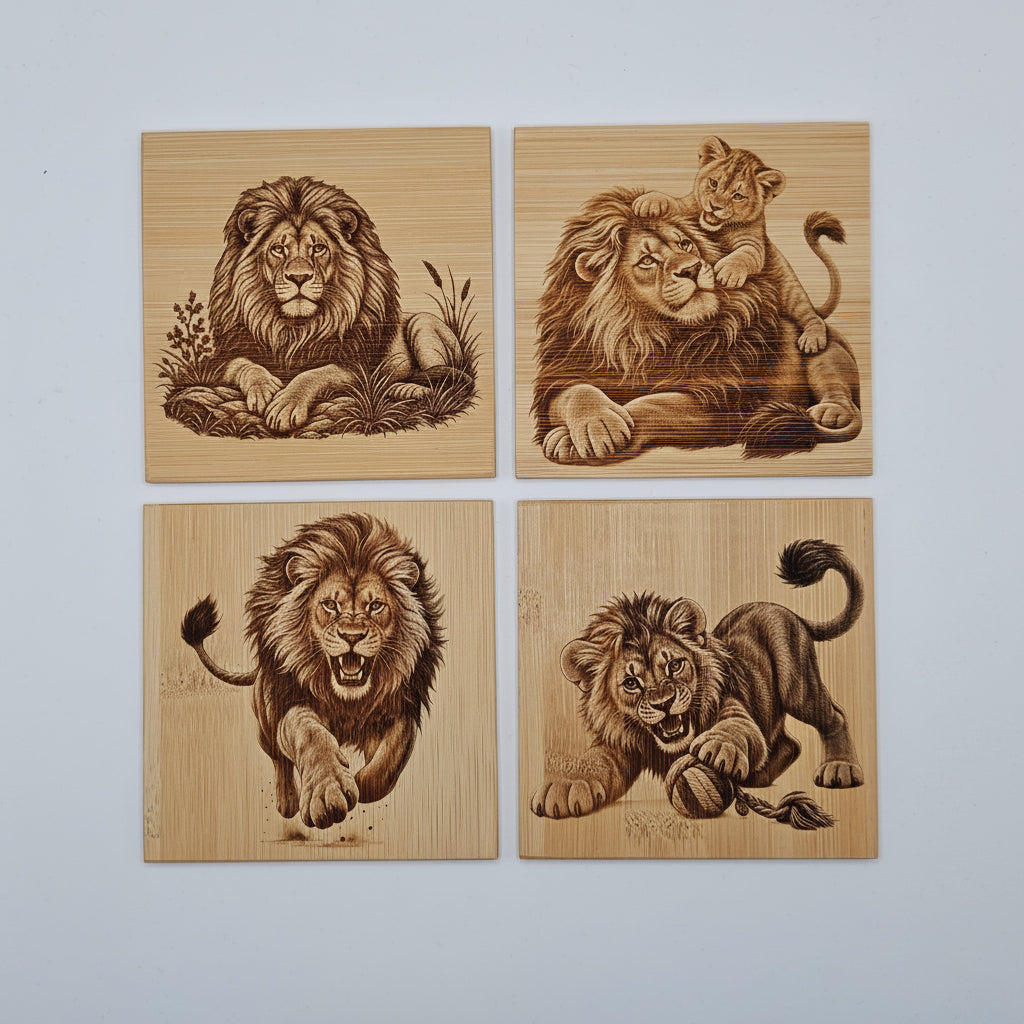🦁 5-teiliges Bambus-Untersetzer-Set Löwen